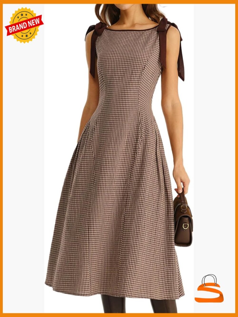 Vintage A-Line Boat Neck Sleeveless Midi Dress with Classic Plaid Pattern